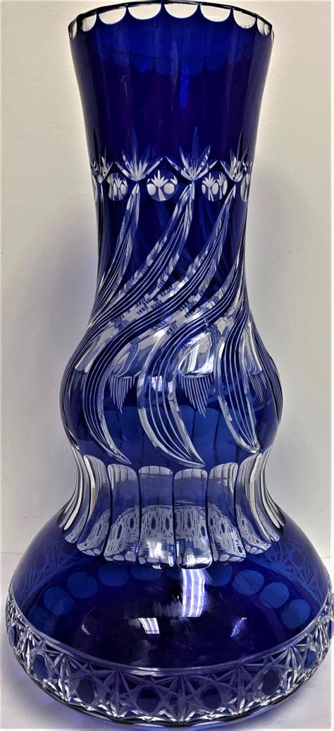 Vintage Czech Bohemian Cobalt Blue Cut To Clear Crystal Vase