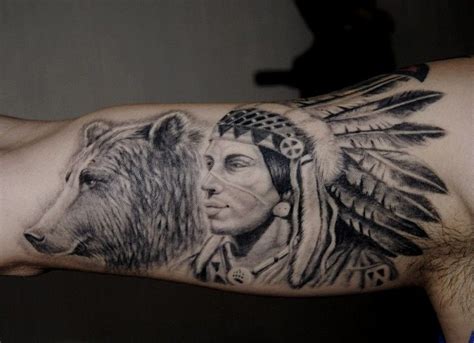 Indian Warrior With Bear Tattoo On Shoulder Native American Tattoos