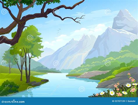 River Flowing Through Hills And Mountain Stock Vector Illustration Of