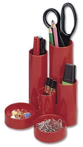 Red Pen Holder With Scissors And Pencils In It