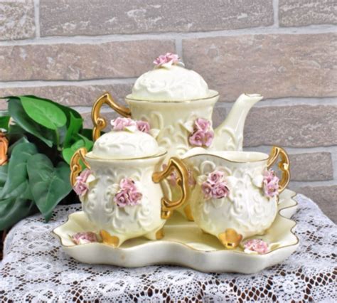 Vintage Cracker Barrel Tea Set Porcelain Pink Rose Gold Edging Ebay