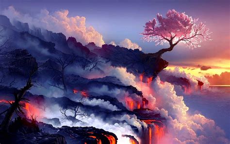 Pink Tree On Mountain With Clouds Hope Lava Hd Wallpaper Wallpaper