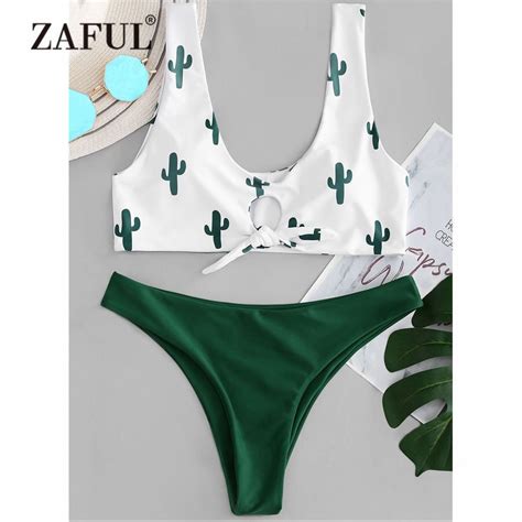 Zaful Cactus Knot Bikini Conjunto De Banho Feminino Maiô Mergulhando