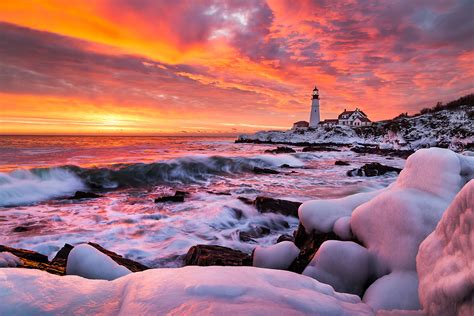 Dramatic Winter Sunrise At Portland Head Light Coast Of Maine