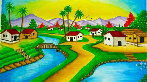 How To Draw And Paint A Beautiful Village Scenery Simple And Easy