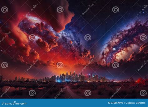 Spectacular Night Starry Sky Over A Big City Imaginative Illustrated