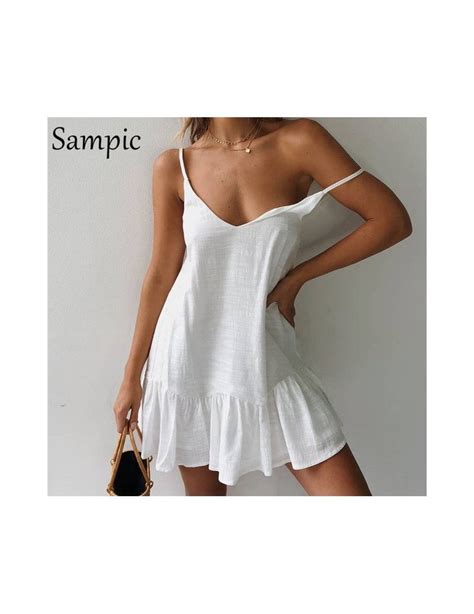 Backless Sundress Women Mini Dress Ruffle Spaghetti Strap Casual White