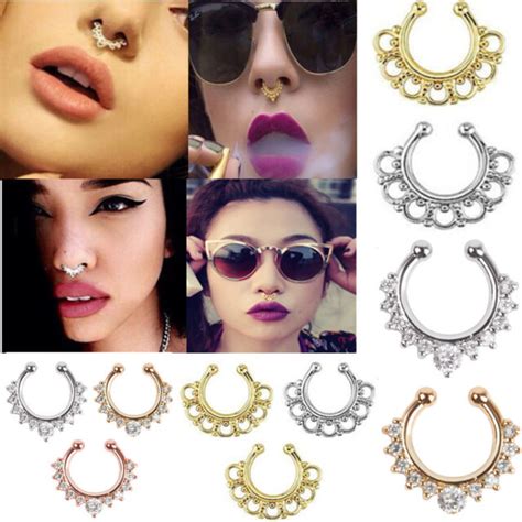 Vintage Fake Septum Clicker Crystal Nose Ring Non Piercing Clip On Body Jewelry Ebay