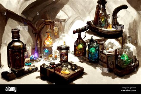 Alchemist Table Production Of Magical Potions And Elixir Colored
