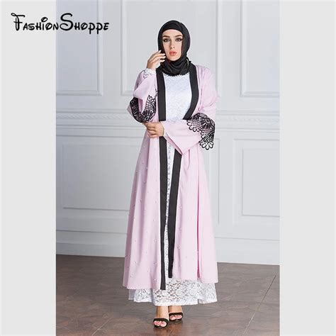 Muslim Maxi Dress Open Abaya Lace Beading Jilbab Belt Long Robe Gowns
