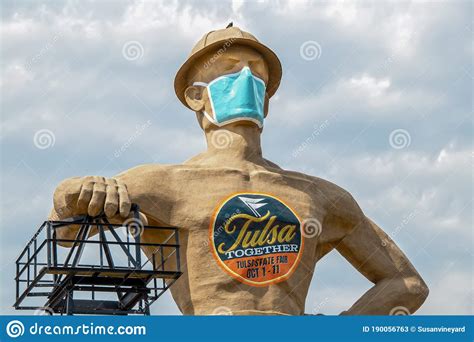 Iconic Golden Driller Giant Statue Near Route 66 In Oklahoma Wearing