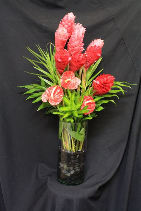 Red Torch Ginger And Anthuriums With Tropical Greenery Flower Arrangements Torch Ginger