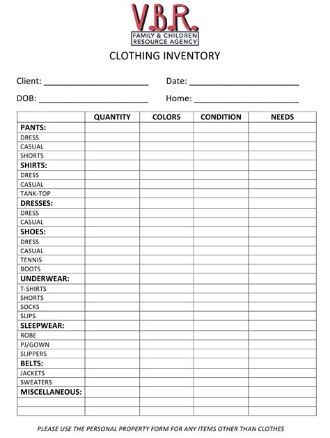 clothing inventory spreadsheet template  printable