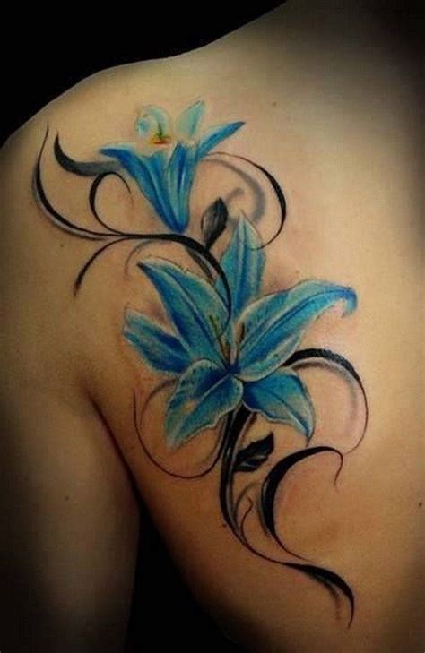 Blue Lily Flowers Tattoo On Left Back Shoulder Fav Tats Lillies