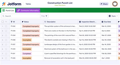 Construction Punch List Template Jotform Tables