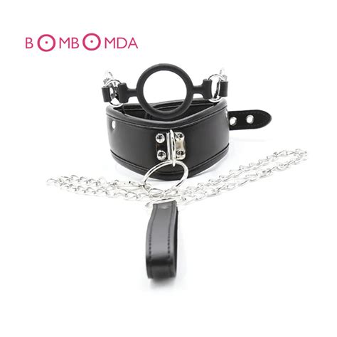Buy Collar Leather Bondage Collar Mouth Gag With Chain Fetish Slave Neck Cuffs