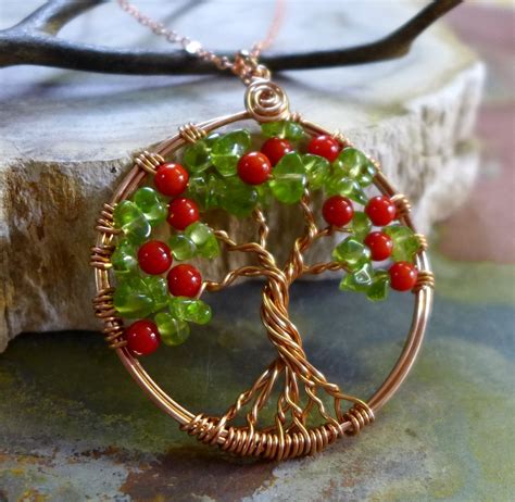 Tree of Life Pendant Necklace- Fruit Tree of life pendant-Wire Wrapped Peridot/ Coral Fruit ...
