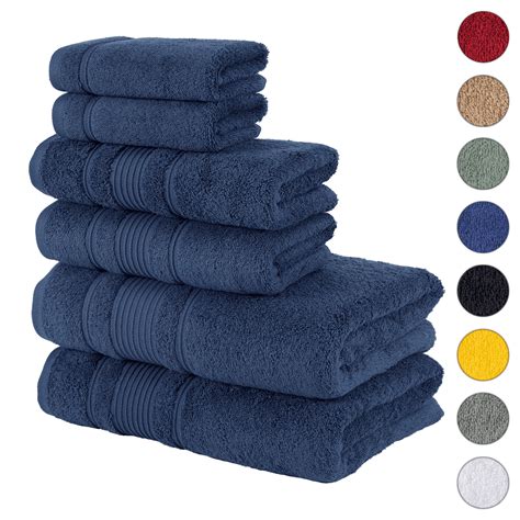 Qute Home Luxury 6 Piece Solid Print Cotton Bath Towel Set Navy Blue