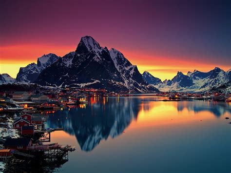 Lofoten Islands Norway Reine Lofoten Sunset Mountain Winter Snow Sea