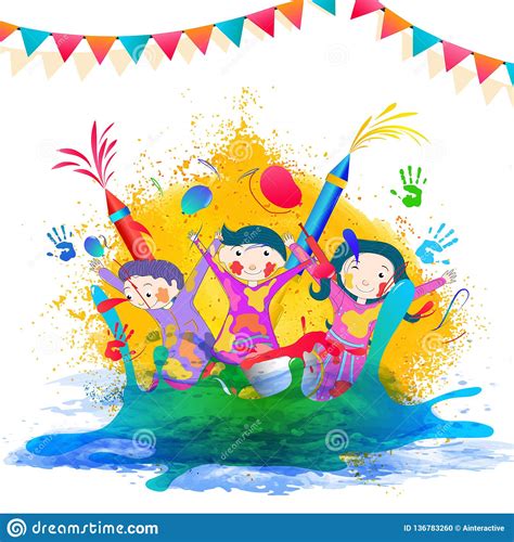 Happy Kids Celebrating Holi Festival On Colorful Splash Background