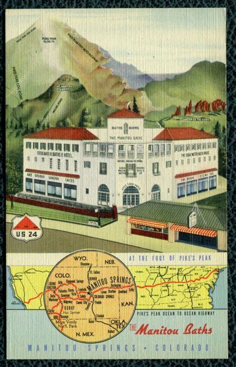 Manitou Baths Manitou Springs Colorado Co Map Linen Postcard United