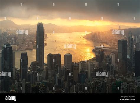 Sunrise Over Hong Kong Victoria Harbor From Victoria Peak With Hong