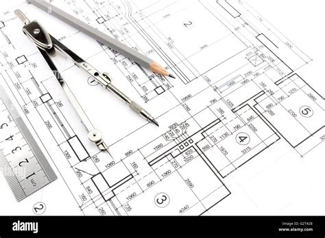 House Building Construction Plans With Pencil And Drawing Compass Stock