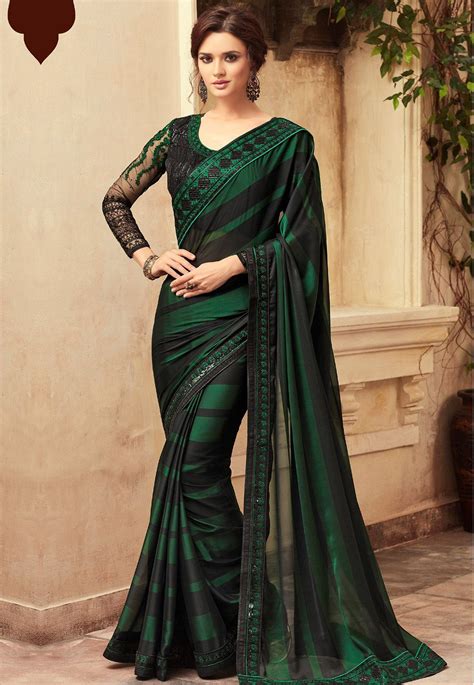 Dark Green Satin Georgette Party Wear Saree With Border 22013 Party