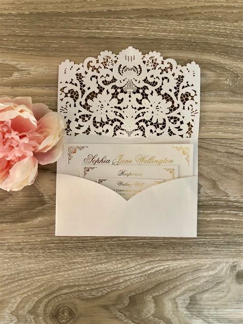 Gold Foil Lace Pocket Laser Cut Wedding Invitation Glitzy Prints