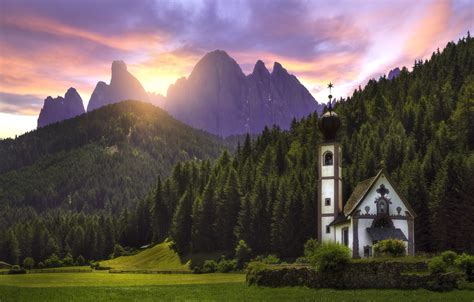 Wallpaper Forest Sunset Mountains Meadow Italy Church Italy The