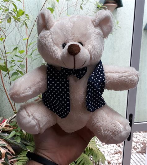 mini urso de pelúcia 20cm com colete azul de bolinhas ursinho pequeno para decoração presente