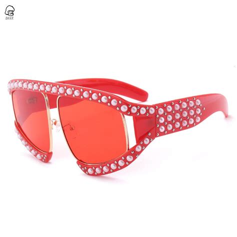 dave oversized with pearl sunglasses women luxury brand design big frame rivet red black lens