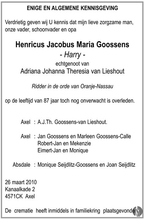 Henricus Jacobus Maria Harry Goossens Overlijdensbericht