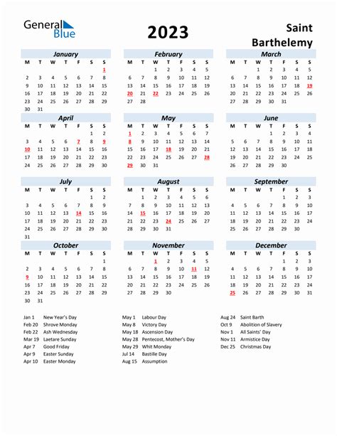2023 Yearly Calendar For Saint Barthelemy With Holidays