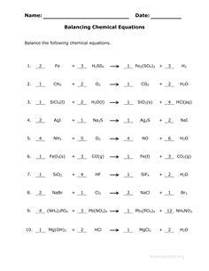 Key name _ fill in the blanks with the most appropriate term the number of atoms of each element on equal both sides of the equation must be when balancing coefficients equations, the only numbers that can be changed are. balancing chemical equations worksheet - Google Search | Chemical equation, Balancing equations ...