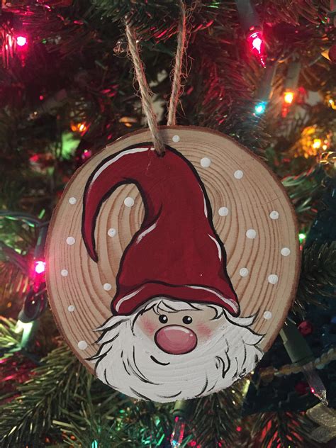 Hand Painted Gnome Santa Rustic Wood Slice Ornament Christmas
