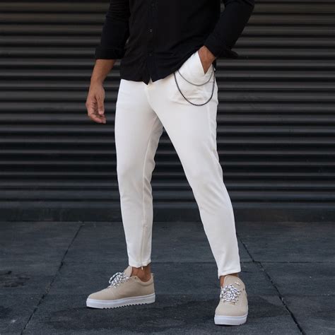 Mens Designer Trousers Pants Chain Detail White