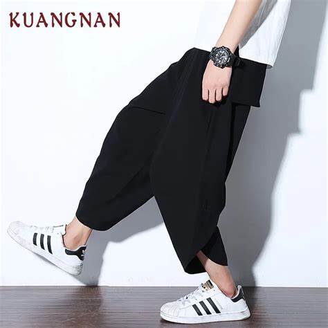 Kuangnan Chinese Style Ankle Length Cotton Linen Pants Men Trousers