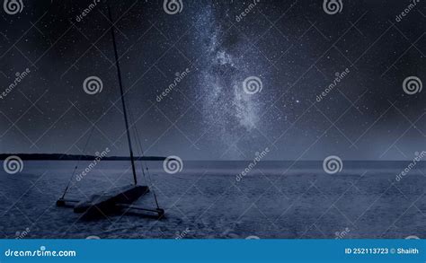 Milky Way Over Ice Boat On Lake At Night Timelapse Stock Video Video