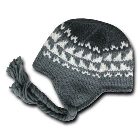 Charcoal And Gray Peruvian Beanie Cap Hat Winter Braided Ear Flap Chullo