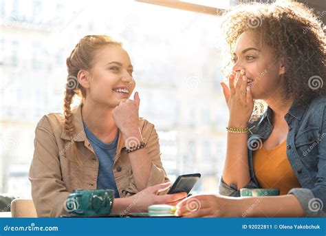 Outgoing Female Friends Making Conversation In Cafe Stock Image Image Of Customer Adult