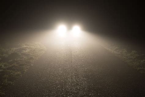 Headlights Fog Night Scary Mist Asphalt Car Road Evening