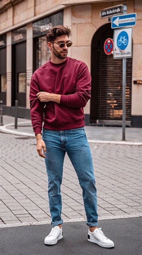 Light Blue Jeans Fashion Ideas With Red Sweatshirt Men Outfit