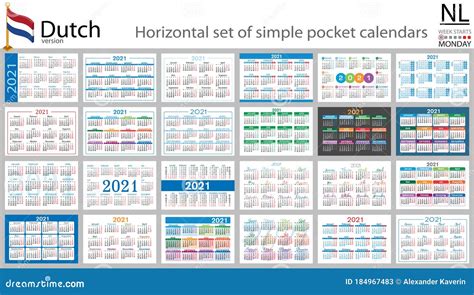 Dutch Horizontal Pocket Calendar For 2021 Stock Vector Illustration