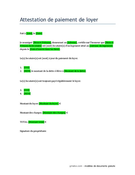 Attestation De Paiement De Loyer Doc Pdf Page 1 Sur 1