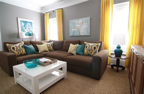 Find ideas and inspiration for brown and teal to add to your own home. brown, gray, teal and yellow living room with sectional ...