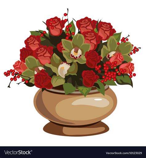 Beautiful Bouquet Of Red Roses With Decor In Vase Vector Image