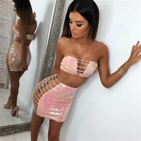 Ohvera Two Piece Set Cross Lace Up Crop Top And Sequin Skirt Sets