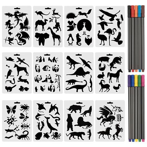 Buy Cocode Set Of 12 Animal Stencils With 12 Colored Fineliner Pens