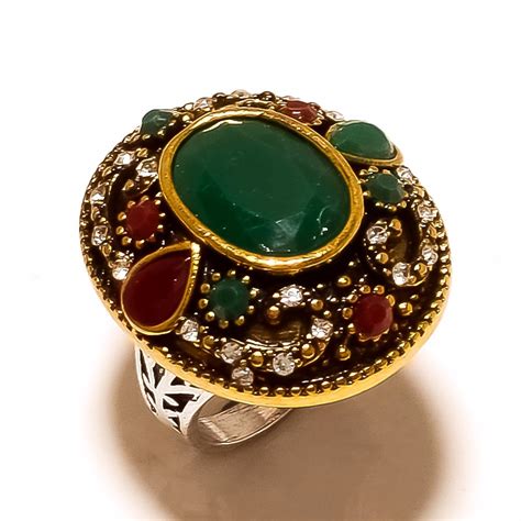 Brass Overlay Handmade Designer Turkish Ring With Cz Emerald Ruby